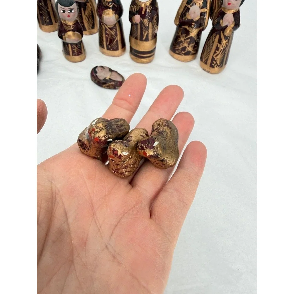 Nativity Scene Set VTG Hand Painted Wood Gold Burgundy Folk Art Tonala 12 Piece